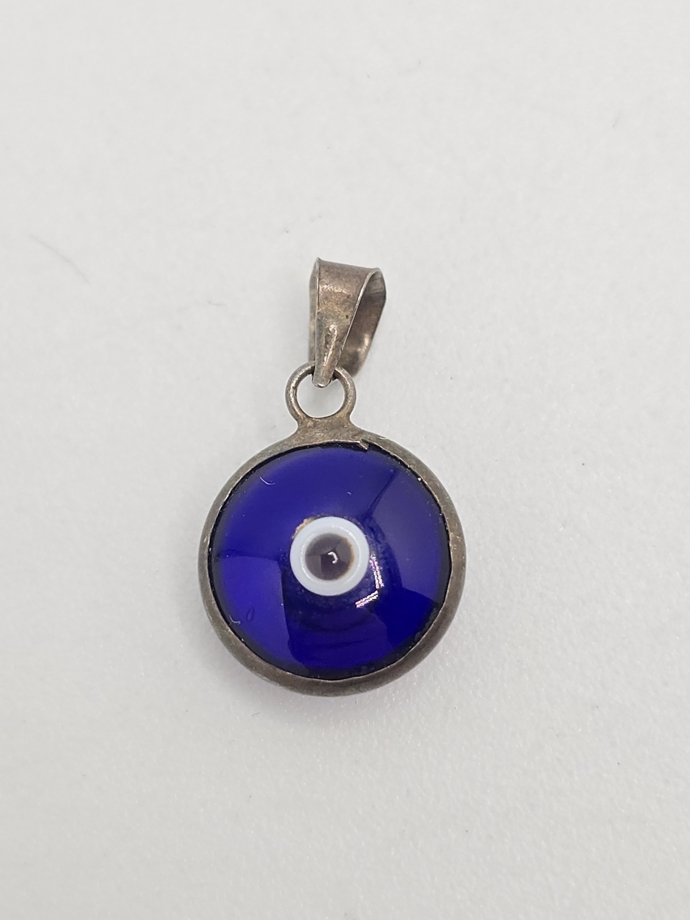 Sterling Silver Evil Eye Glass Pendant Charm Small Blue Nazar Amulet Vintage